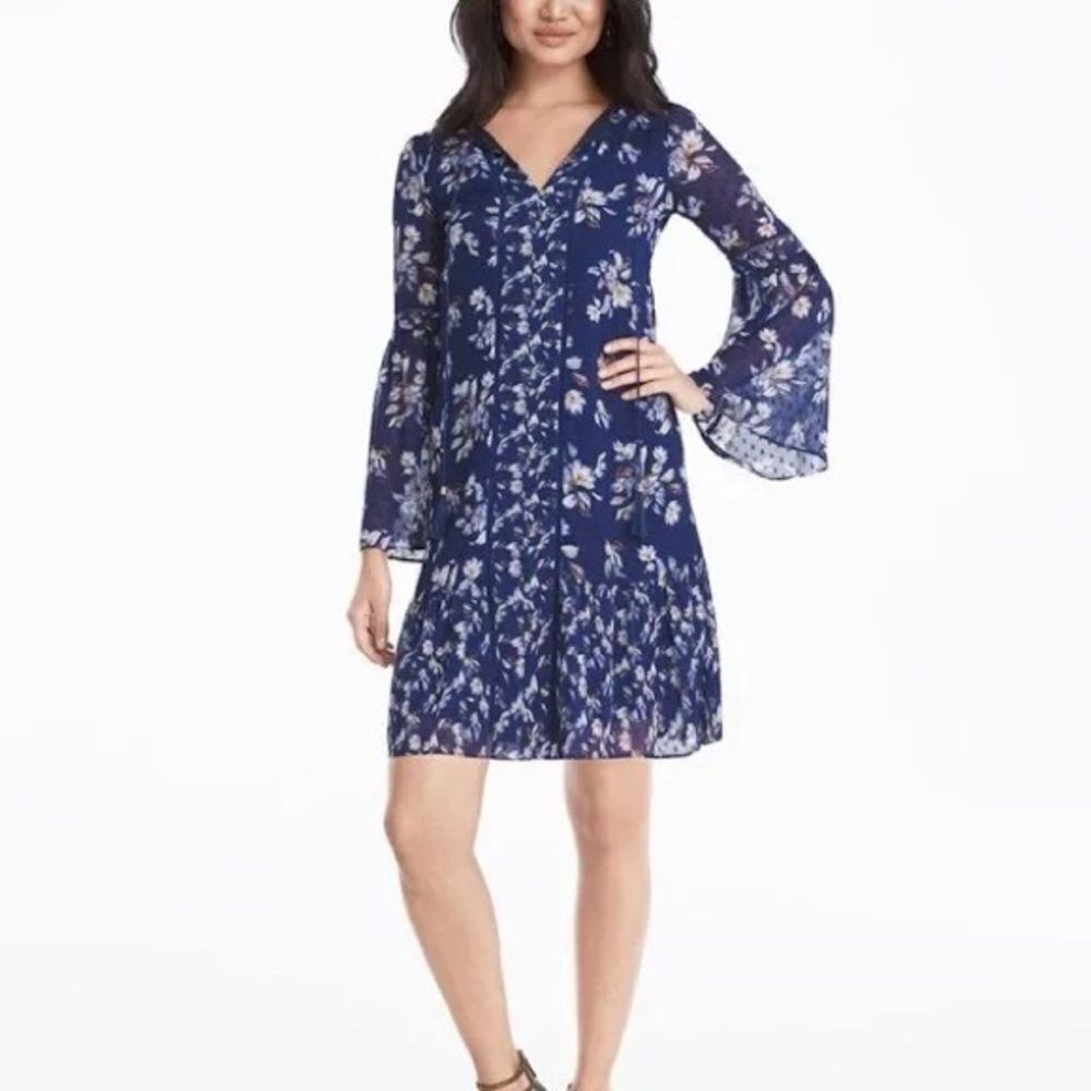 White House Black Market Peasant Boho Blue Tassel Sheer Arms Dress